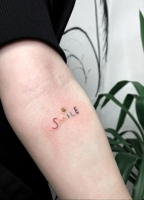 Cute Positive Tattoos, Smile Tattoo Ideas Words, Colorful Small Tattoos, Tiny Colorful Tattoos, Smile Tattoo Ideas, Small Color Tattoo, Smile Tattoos, Small Colorful Tattoos, Rainbow Tattoo