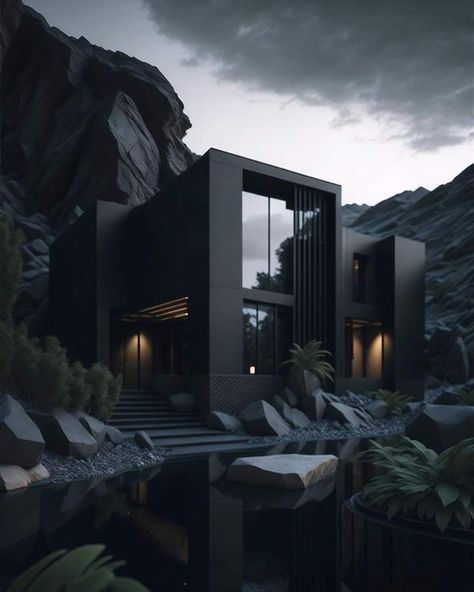 Dark Modern House Exterior, Black Luxury House, Dark House Aesthetic, Dark Modern House, Black Architecture, Black Houses, Luxury Houses Mansions, Dark Modern, Eco Architecture