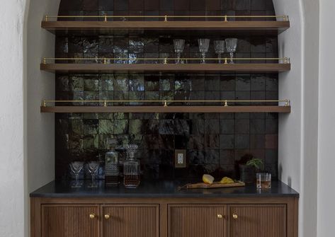 Spanish Revival Portfolio | Marin Design Co. Dark Tile Backsplash, Spanish Revival Kitchen, Dark Tile, Bar Space, Built In Bar, Handmade Tile, Brass Fixtures, Spanish Revival, Butler's Pantry