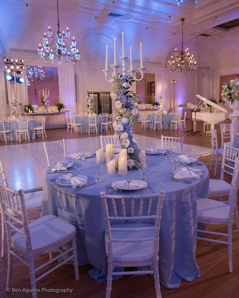 Light Blue Venue Quince, Quince Court Table, Sweet 16 Venues, Blue Quinceanera Ideas, Sweet 16 Cinderella Theme, Quince Theme Ideas, Quinceanera Venue, Blue Quinceanera Theme, Quinceanera Blue