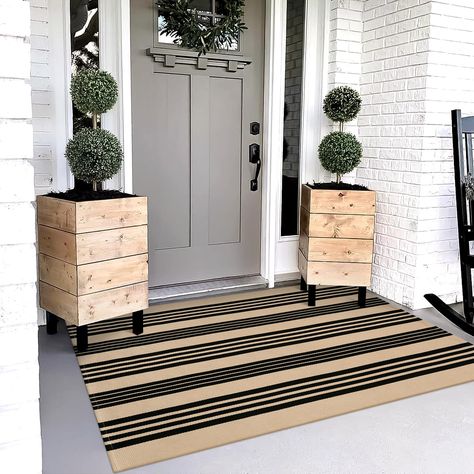 PRICES MAY VARY. 【Premium Cotton Material】: OJIA 35.4'' x 59'' black and tan outdoor rug is made from woven cotton fabric that is soft and comfortable to touch, thick and long lasting, stain-resistant, shrink-proof & easy to air dry. 【Easy to Wash】: Designed to withstand high foot traffic, this porch rug can be easily cleaned by vacuuming or shaking off dirt. For deeper cleaning, it is also machine washable, ensuring hassle-free maintenance. Tumble dry on low heat or air dry. Do not bleach. 【Com Black And White Outdoor Rug, Porch Rug, Front Door Mats, Door Rugs, Decks And Porches, Striped Rug, Farmhouse Living, House Entrance, Indoor Outdoor Area Rugs