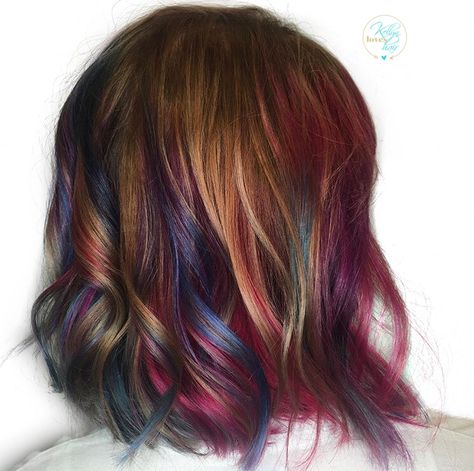 Vivid color - Magenta, pink, purple, blue, bronze, and red hair color - by Kellyn at Bow & Arrow, North End Boston at www.bowandarrowcollective.com Purple Bangs, Blue Peekaboo, Magenta Hair Colors, Peekaboo Hair Colors, Underlights Hair, Magenta Hair, Short Red Hair, Peekaboo Hair, Balayage Hair Dark