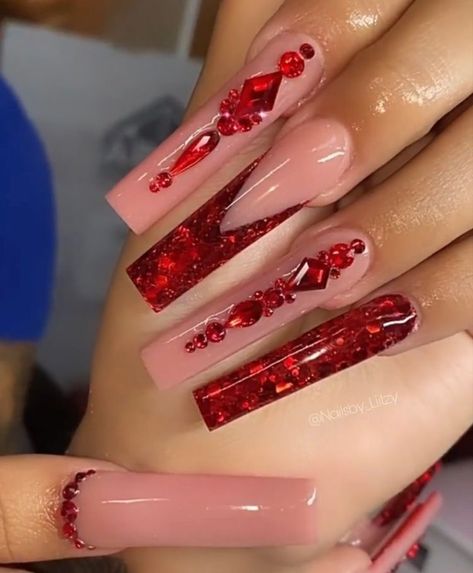 #red #rednails #rednailpolish #rednaildesigns #rednailsideas #acrylicnails #acrylic #acrylicnaildesigns #nails #nailart #nailpolish #naildesign #naildesignideas Burlesque Nails Design, Red Bottom Nails, Acrylic Nails Long, Burlesque Party, Quince Nails, Long Red Nails, Quinceanera Nails, Tapered Square Nails, Acrylic Nail Set