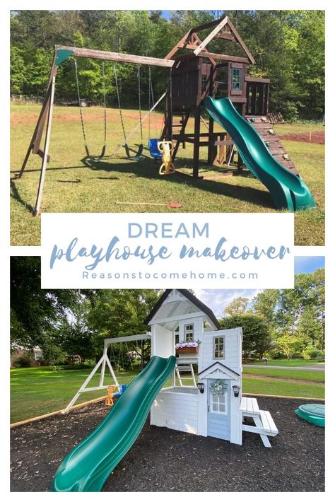 DIY Playhouse Makeover White Playground, Playset Makeover, Diy Playset, I Want To Be Beautiful, Playhouse Makeover, Backyard Playset, Diy Playhouse, Kids Play Set, Wooden Playset