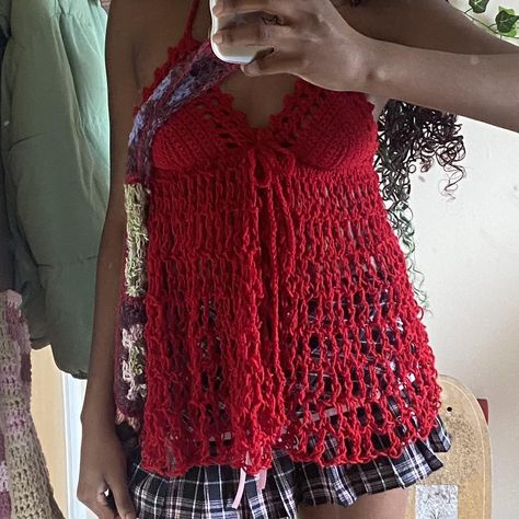 !!handmade red babydoll top♥️🍷 / tie-front/ made... - Depop Crochet Tube Top Tutorial, Crochet Tube Top Pattern Free, Babydoll Top Outfit, Crochet Top Step By Step, Peplum Top Outfits, Outfits Crop Top, Tube Top Outfit, Stylish Tops For Girls, Sewing Template