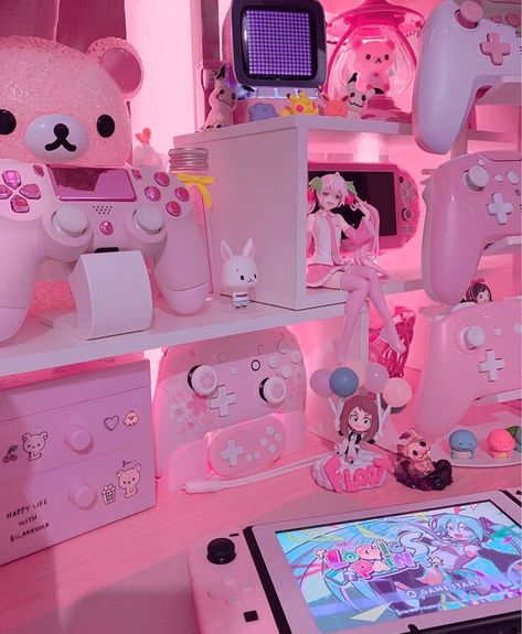 Kawaii Room Ideas, Kawaii Bedroom, Pink Games, Kawaii Games, Otaku Room, Gamer Room Decor, Video Game Room Design, Dekorasi Kamar Tidur, Anime Room