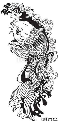 koi carp gold fish swimming upstream. Black and white vector illustration tattoo style drawing Dragon Tattoo Drawing, Japanese Myth, Koi Tattoo Design, Koi Carp Fish, Cnc Designs, Black And White Vector, Illustration Tattoo, Fairy Garden Designs, Koi Fish Tattoo