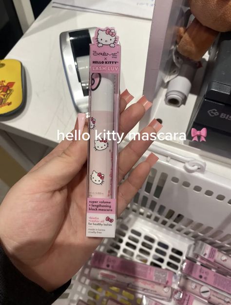 Hello Kitty Mascara, Hello Kitty Lashes, Makeup Accesories, Cheap Makeup, Pink Hello Kitty, Gold Aesthetic, Black Mascara, Makeup Skincare, Dorm Room Decor