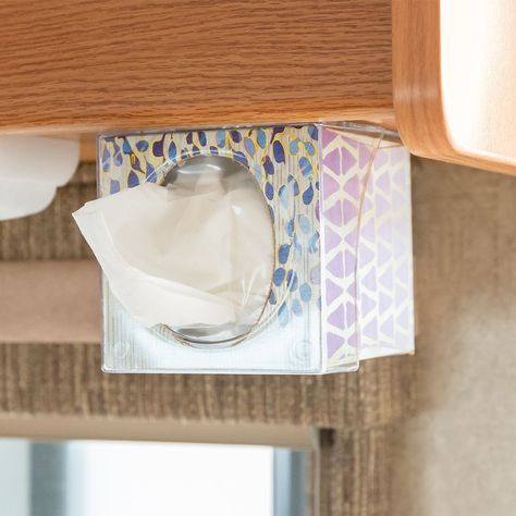 The Camco Pop-A-Tissue box holder and dispenser is easy to install and mount on walls or cabinets. The clear holder dispenses tissues upward or downward and fits most boutique brand tissues. 4.8" x 4.8" x 5.5". MPN: 57101 Fits most boutique brand tissues 4.8" x 4.8" x 5.5" Camper Organization Rv Living, Camper Organization Travel Trailers, Camper Organization, Rv Camping Tips, Camper Hacks, Rv Organization, Travel Trailer Camping, Camper Storage, Camping Camper