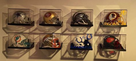 Mini Helmet Display Ideas, Trophy Display Case, Baseball Quilt, Cave Room, Trophy Display, Mini Football Helmet, Man Cave Room, Bat Wall, Man Cave Wall