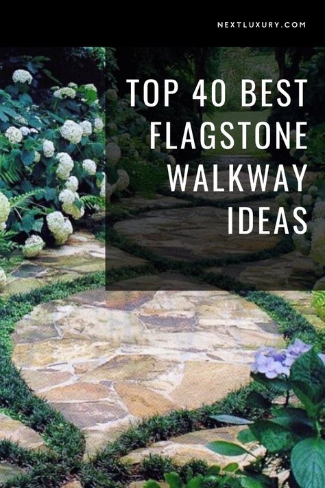 Just as the walkway itself as been a time-honored implement in homes and palaces, guiding guests and tenants through gardens and gateways alike, so too is the flagstone a centuries-old staple that shows no signs of going out of style.Elegant and just the right amount of out-of-the-ordinary, flagstones are relatively simple to install and just as easy to maintain. #nextluxury #homedesign #homedecor #homedecorideas Natural Flagstone Walkway, Flagstone Walkway To Front Door Entrance, Stone Walkway Backyard, Modern Flagstone Patio Design, Flagstone Garden Path, Flagstone Driveway Ideas, Painting Flagstone, Flagstone Walkway To Front Door, Sandstone Walkway