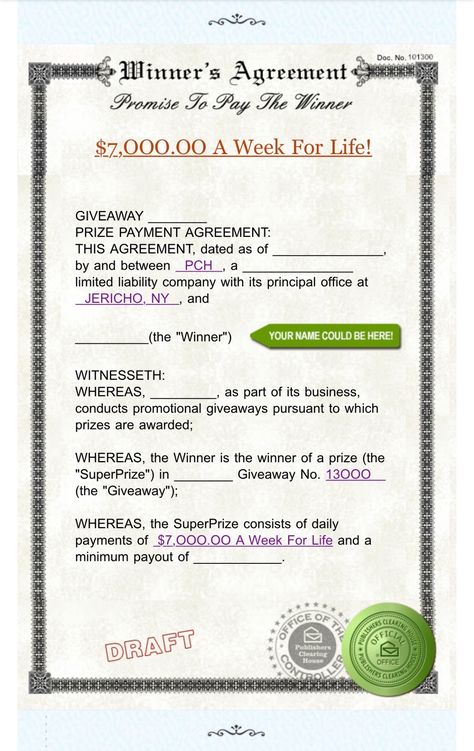 PCH WINNER’S AGREEMENT Doc. No.101300 Promise To Pay The Winner I Rosa Rojas Claim Doc. No.101300 & My Winning Prize $7,000.00 A Week For Life PCH GWY #13000 Now Today. Old Lady Pics, Identity Card Design, Win For Life, Online Lottery, Winner Announcement, Publisher Clearing House, Bra Image, Pch Sweepstakes, Online Sweepstakes