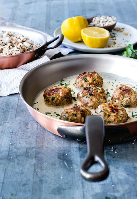 Lemon Cardamom Meatballs with Pine Nuts and Garlic Tahini Sauce Healthy Meatball Recipes, Garlic Tahini Sauce, Healthy Meatball Recipe, Dinner Meatballs, Heartbeet Kitchen, Easy Parmesan Crusted Chicken, Low Gi Recipes, Gi Recipes, Lamb Dinner