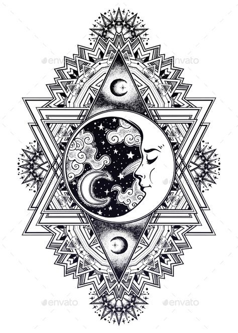 When I met you the stars were suddenly aligned. Dotwork Tattoo Mandala, Crescent Moon Face, Geometric Tattoo Pattern, Gothic Tattoos, Tattoo Moon, Alchemy Art, The Moon And Stars, 3d Tattoos, Mandala Tattoo Design