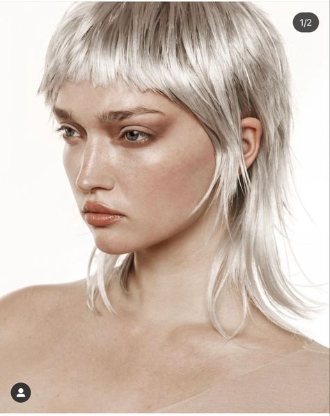 Grey Mullet, Blonde Alternative Hair, Platinum Blonde Mullet, Shag Mullet Blonde, 70s Punk Hair, Blonde Mullet Women, Shaggy Pixie Mullet Blonde, Female Mullet, Platinum Blonde Pixie Mullet