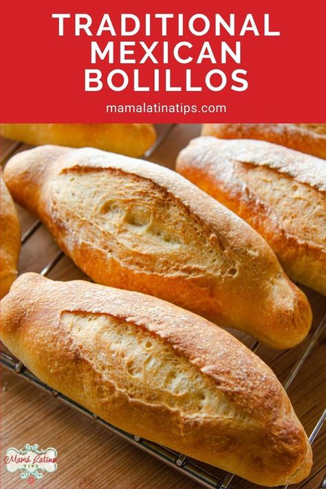 Mexican bolillo rolls on a rack Mexican Bolillos, Bolillo Recipe, Bread Flour Recipe, Mexican Party Food, Mexican Bread, Freshly Baked Bread, Bread At Home, Mexican Dessert Recipes, Mexican Dinner