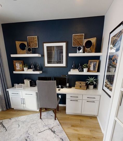 Black White And Blue Office, Navy And Grey Office, Navy Walls Office, Home Office Blue Accent Wall, Home Office Navy Blue, Home Office Blue Walls White Desk, White And Navy Office, Office With Navy Accent Wall, Blue Office Black Desk