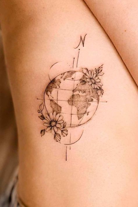 Wanderlust Tattoos, Harley Tattoos, Globe Tattoos, Brain Tattoo, Flower Wrist Tattoos, Map Tattoos, Tasteful Tattoos, Delicate Tattoo, Shoulder Tattoos For Women