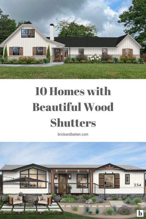 Wood Shutters Exterior White House, White Shutters Exterior Tan House, Wood Look Shutters Exterior, White House Dark Brown Shutters, White House Wooden Shutters, White House With Wooden Shutters, White House Black Windows Wood Shutters, Wood Shutter Stain Colors, Shutters Only On Some Windows Exterior