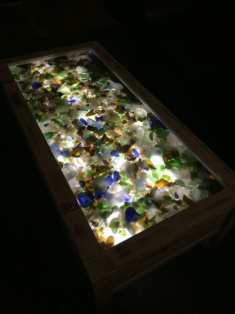 Sea Glass Furniture, Sea Glass Collection Display, Sea Glass In Resin, Sea Glass Resin Art, Sea Glass Table, Seaglass Ideas, Broken Glass Crafts, Sea Glass Art Projects, Property Ideas