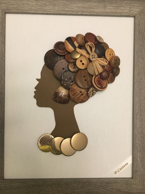 This is an African girl/lady button art, adorned brown antique, vintage and new buttons  jewelry pieces. This piece is ready to ship You will enjoy free shipping.  Sent priority Mail Each piece is unique. This is not a print... The artwork is on a 8" by 10" canvas board The piece is framed in a 10 1/2" by 12 1/2" glassless frame and ready to ship. Your item will be similar, each art piece is slightly different.. Also available in brown and gold buttons and accessories convo custom order Nigerian Art, Button Art On Canvas, African American Art Women, Buttons Jewelry, Simple Collage, African Theme, African Women Art, African Crafts, African Wall Art