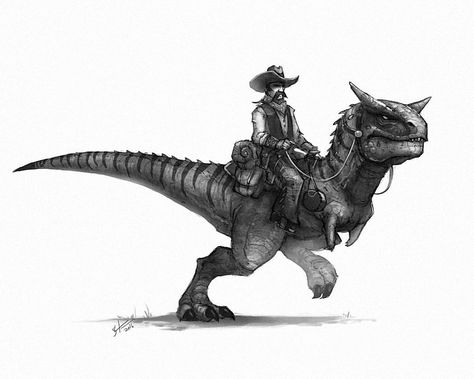 1,926 Likes, 32 Comments - Shaun Keenan (@shaunmichaelkeenan) on Instagram: “My cousin was like "dude, Cowboys riding dinosaurs rock" and I was like "yes indeed, I will draw a…” Shaun Keenan, High Tail, Dinosaur Drawing, Dinosaur Illustration, Ark Survival Evolved, West Art, Paleo Art, Bd Comics, Extinct Animals