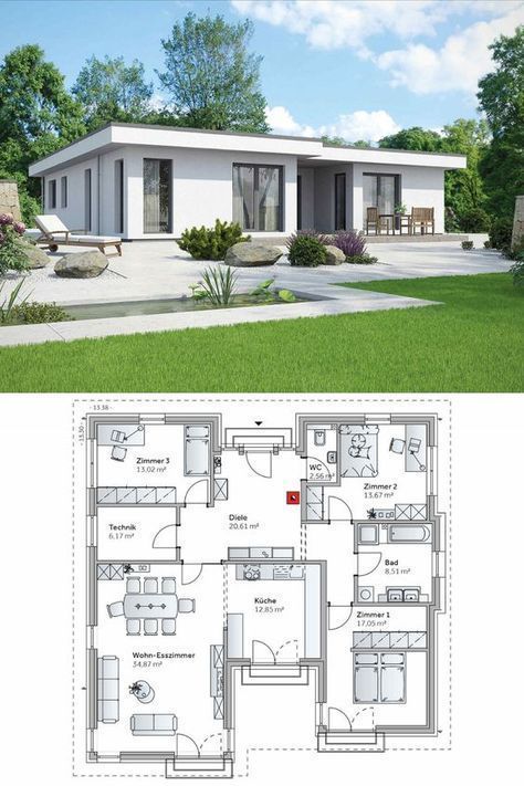 Layout Design Architecture House Plans, Bungalows Design, House Plan Bungalow, Bungalow Plan, Bungalow House Floor Plans, Modern Bungalow House Plans, Modern Bungalow House Design, Flat Roof House, Bungalow Floor Plans