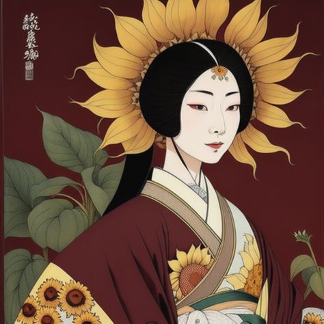 Japanese Style Portrait : Sunflower Goddess Sunflower Japanese Art, Sunflower Goddess, Japanese Art Style, Japanese Art Styles, The Sunflower, Japanese Style, Japanese Art, Tattoos And Piercings, Art Style