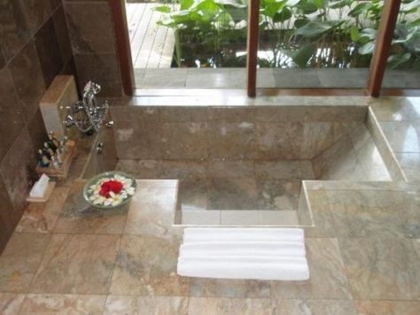 Dreamy Sunken Bathtubs To Relax In Tub In The Floor, Bathtub In Floor, In Floor Bathtub, Step Down Bathtub Sunken Tub, Roman Tub Ideas, Bathtub With Seat, Sunken Bath, Sunken Bathtub, Sunken Tub