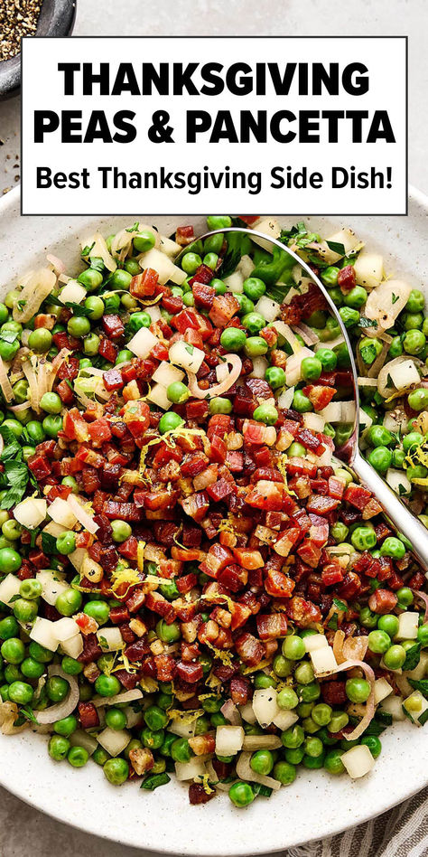 Thanksgiving peas and pancetta side dish. Side Dishes Holiday, Christmas Ham Meal Sides, Untraditional Thanksgiving Sides, Side Christmas Dishes, Veggie Side Dish For Christmas, Veggie Side Dishes Christmas, Ina Garten Side Dishes, Christmas Lunch Side Dishes, Pea Side Dish Recipes