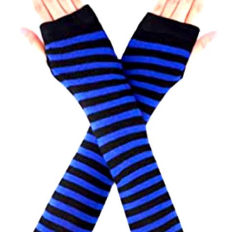 Nip:Black And Blue Striped Fingerless Polyester Arm Warmers. Fashionable And Trendy. Made Of Polyester And Acrylic Fabric, Machine Washable. Length And Details In Pics. Stretchy Material. Comes Up Approximately To Under Or Right At Elbow On Most. Great For Winter Or Just To Be A Fashionista. Straight From Boutique- Never Worn. New In Package! Great For The Wednesday Addams Look! Coraline Fingerless Gloves, Blue Arm Warmers, Scene Fit, Blue Fingerless Gloves, Scene Clothes, Striped Gloves, Silly Clothes, Baby Tights, The Wednesday