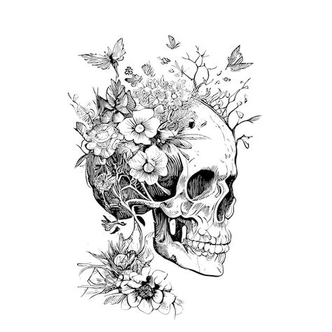 A skull with flowers and butterflies. | Premium Vector #Freepik #vector #skull-flower #tattoo #skull #traditional-tattoo Skull Flower Tattoo, Floral Skull Tattoos, Skull Tattoo Flowers, Skull Sketch, Skull Flower, Blue Skulls, Floral Skull, Flower Skull, Black And White Illustration