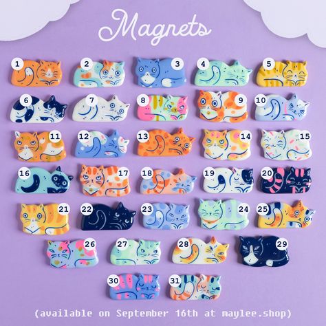 Cats incoming!  They will come in three categories: magnets, brooches and pin's. Make sure you remember your lucky number and... Clay Magnet Ideas, Magnet Ideas, Clay Magnets, Air Dry Clay Projects, Hand Painted Cat, Pottery Painting Designs, How To Make Clay, Handmade Pins, Cute Polymer Clay