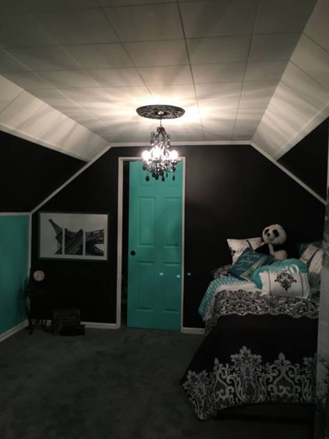 Paris, black white and teal attic bedroom Purple Teal And Black Bedroom, Black And Teal Bedroom Decor, Mint And Black Bedroom, Teal And Black Bedroom Ideas, Black And Teal Bedroom, Pink Paris Bedroom, Teenage Girl Room Ideas, Bedroom Teal, Bedroom Turquoise