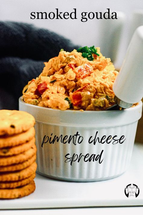 This rich and creamy smoked gouda pimento cheese spread is packed with flavor. Smoked gouda, cheddar cheese, garlic, pimentos, jalapeños, and chives come together for an irresistible snack that can be enjoyed with veggies, crackers, salads, sandwiches, and more. Try it out for your next game day gathering or dinner party appetizer. Keto Pimento Cheese Recipe, Gouda Appetizers, Smoked Gouda Pimento Cheese Recipe, Gouda Pimento Cheese Recipe, Smoked Gouda Pimento Cheese, Gouda Pimento Cheese, Gouda Dip, Gouda Cheese Recipes, Dinner Party Appetizer