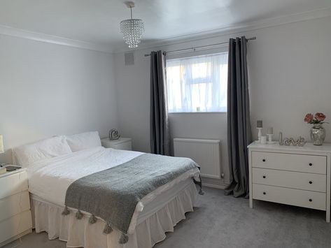 Dulux Rock Salt, The Range Dove Grey Curtains, Ikea Koppang Drawers, John Lewis Lightshade Rock Salt Dulux Paint, Dulux Rock Salt, Pink And Grey Curtains, Grey Curtains Living Room, Salt Paint, Curtains Ikea, Paint Decor, Interior Wall Colors, Paint Bedroom