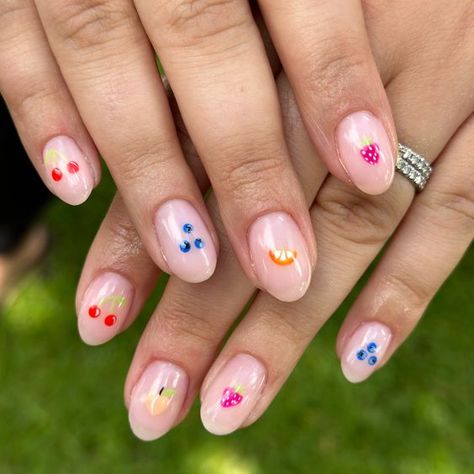 Gel Designs On Natural Nails Short, Almond Fruit Nails, Fruit Nails Aesthetic, Short Nail Summer Ideas, Short Fruit Nail Designs, French Tip Fruit Nails, Tiny Fruit Nails, Simple Fruit Nail Designs, Little Fruit Nails