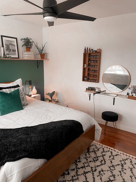 Dark Green Half Wall Bedroom, Bedroom With Shelf Above Bed, Floating Shelf Over Bed, Floating Shelf Vanity, Floating Shelves Bedroom Above Bed, Floating Shelf Above Bed, Room Decor Vanity, Bedroom Wall Decor Above Bed, Rooms Decoration