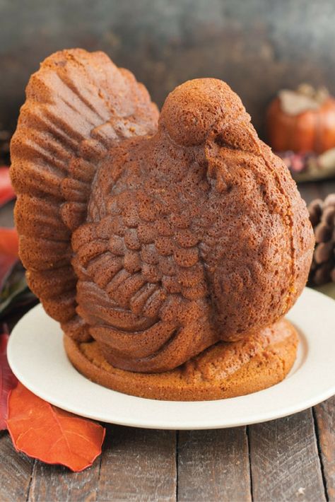 Bake a Pumpkin Turkey Cake to add a unique and delicious twist to you Thanksgiving dessert display! Recipe made with Nordic Ware's Turkey Cake Pan. Nordicware Recipes, Ceiling Update, Turkey Pan, Pecan Pie Cake, Winter Cakes, American Thanksgiving, Bundt Recipes, Weight Watcher Desserts, Thanksgiving Cake