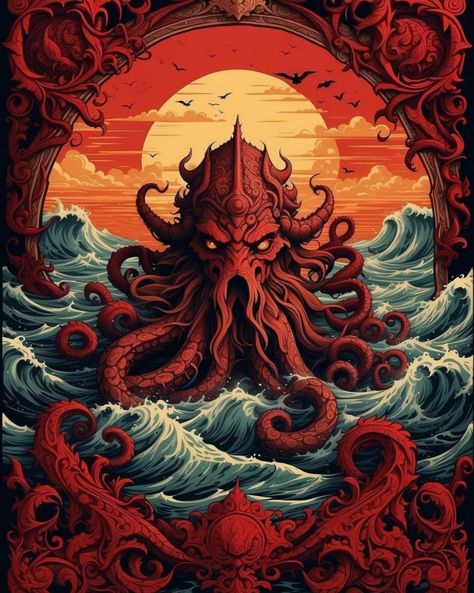 Cathullu Art, Ocean Creatures Art, Lovecraft Art, Cthulhu Art, Monster Tattoo, Lovecraft Cthulhu, Sea Creatures Art, Lovecraftian Horror, Hp Lovecraft