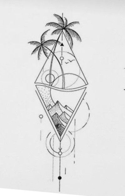 Palm Trees And Mountains Tattoo, Tattoo Beach, Tree Tattoo Men, Mother Son Tattoos, Biblical Tattoos, Adventure Tattoo, Moon Sun Tattoo, Nature Tattoo, Triangle Tattoos