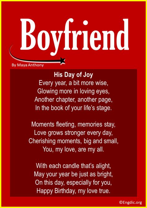 Celebrating your boyfriend’s birthday soon? Dive into this collection of 15 delightful poems tailored just for him. Ranging from sweet to hilariously witty, these verses are sure to add a touch of charm to his special day. Join us in this poetic journey of love and laughter. Short Birthday Poems for Boyfriend 1. His Day of Joy This poem captures the essence of the happiness and thrill of celebrating another year of life. It paints a picture of the joys of growing older, emphasizing t... Short Birthday Poems, Birthday Poems For Boyfriend, Poems For Boyfriend, Daily Inspiration Quotes Motivation, Funny Poems, 15 Birthday, Growing Older, Birthday Poems, Journey Of Love