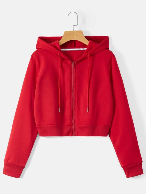 Red Casual Collar Long Sleeve Fabric Plain Zip Up Embellished Slight Stretch Fall/Winter Women Sweatshirts Thermal Hoodie, Women Sweatshirts, Lined Hoodie, Outwear Jackets, Fall Sweatshirt, Red Hoodie, Yellow Fashion, Long Sleeves Jacket, Crop Sweatshirt