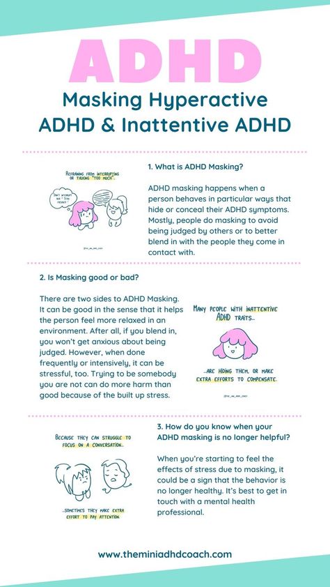 Masking Hyperactive ADHD & Inattentive ADHD: FAQs (Frequently Asked Questions) Teaching Executive Functioning, Counselling Tools, Mental Health Facts, Health Blogger, Attention Deficit, Mental And Emotional Health, Coping Mechanisms, Emotional Health, Health