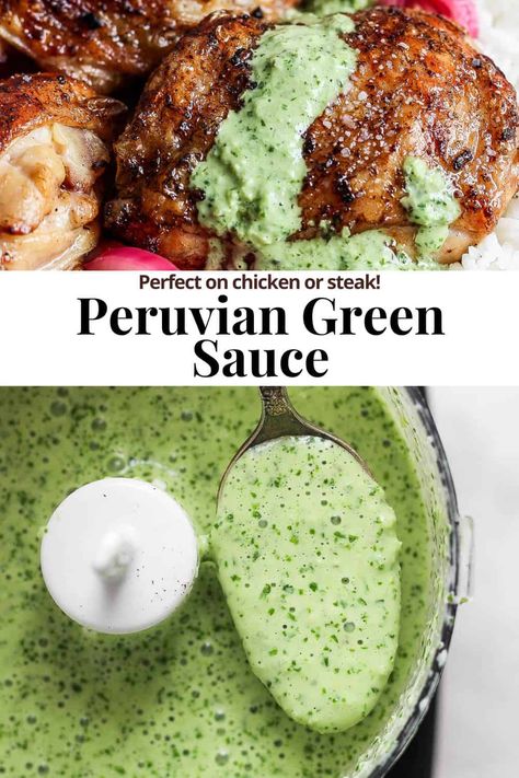 The perfect, smoothest Peruvian Green Sauce that is amazing on some grilled chicken or steak with some rice! #peruviangreensauce #peruviangreensaucerecipe #peruviangreensaucechicken #peruvianchicken Peruvian Green Sauce Recipe, Peruvian Green Sauce, Green Sauce Recipe, Peruvian Dishes, Authentic Mexican Recipes, Peruvian Cuisine, Resep Salad, Cilantro Sauce, Peruvian Recipes