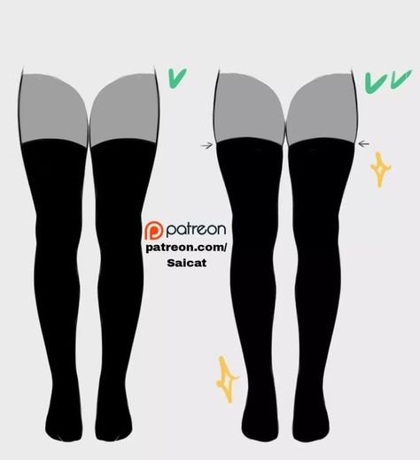 How To Draw Shoe Laces, Off Shoulder Sweater Drawing Reference, Thigh High Socks Drawing, Thigh High Drawing, Draw Legs Woman, Wheelchair Oc Art, Ripped Tights Drawing, How To Draw Thighs, Clothes Drawing Outfits