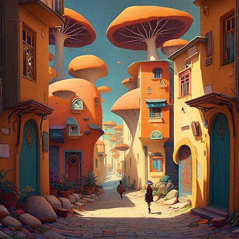 Mushroom Building, Cozy Building, Flower Minecraft, Mushroom City, Rooftop City, Apocalyptic Art, Post Apocalyptic Art, Aircraft Interiors, Brown Mushroom