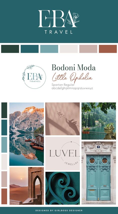 Mood Boards Travel, Travel Mood Board Inspiration, Blue And Green Brand Color Palette, Travel Agency Color Palette, Uplifting Color Palette, Event Color Palette, Teal Website Design, Brand Colour Palette Inspiration, Color Inspo Mood Boards