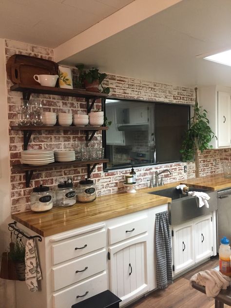 Brick Laminate Wall, Kitchen Ideas With Brick Backsplash, Small Kitchen With Brick Backsplash, Rustic Farmhouse Kitchen Backsplash Brick, Brick Backsplash Kitchen Butcher Block, Faux Brick Kitchen Wall, Kitchen With Faux Brick Wall, Faux Brick Wall Backsplash, Rustic Backsplash Ideas Kitchen