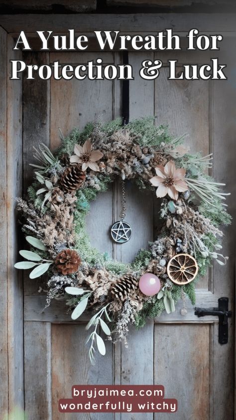 https://bryjaimea.com/witchcraft/wheel-year-festivals/crafting-a-yule-wreath-for-protection-and-luck/ Witchy Christmas Wreath, How To Make A Yule Wreath, Yule Porch Decor, Yule Door Decorations, Crystals For Yule, Natural Yule Decor, Yule Wreath Diy, Winter Solstice Wreath, Pagan Holidays 2024